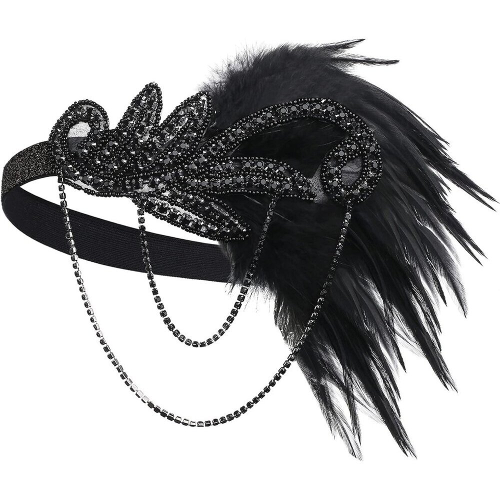Flapper Headband 1920s Roaring 20s Feather Crystal Rhinestones Beads